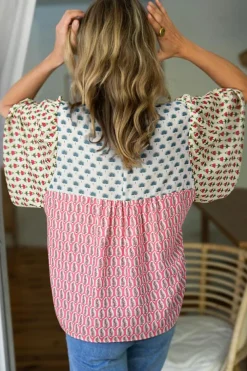 Fashion Dear-Lover Floral Colorblock Flutter Cape Style Sleeves Blouse Red