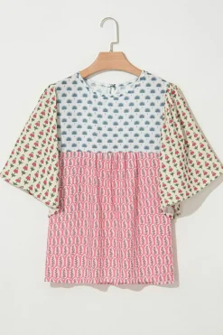 Fashion Dear-Lover Floral Colorblock Flutter Cape Style Sleeves Blouse Red