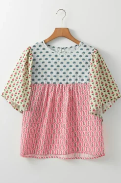 Fashion Dear-Lover Floral Colorblock Flutter Cape Style Sleeves Blouse Red