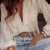 Sale Dear-Lover Floral Embroide Lace Bubble Sleeve Shirt Red