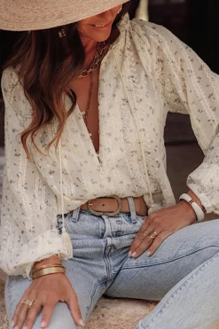 Sale Dear-Lover Floral Embroide Lace Bubble Sleeve Shirt Red