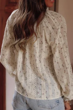 Sale Dear-Lover Floral Embroide Lace Bubble Sleeve Shirt Red