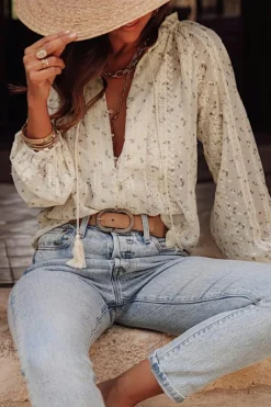 Sale Dear-Lover Floral Embroide Lace Bubble Sleeve Shirt Red