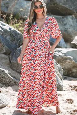 Sale Dear-Lover Floral Half Sleeve Deep V Neck Cutout Back Split Maxi Dress Red