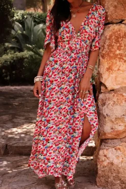 Sale Dear-Lover Floral Half Sleeve Deep V Neck Cutout Back Split Maxi Dress Red