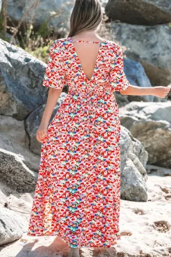 Sale Dear-Lover Floral Half Sleeve Deep V Neck Cutout Back Split Maxi Dress Red