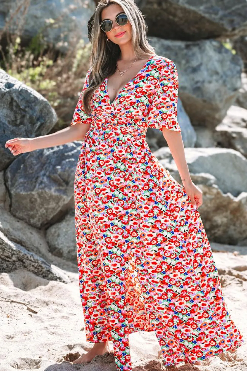 Sale Dear-Lover Floral Half Sleeve Deep V Neck Cutout Back Split Maxi Dress Red