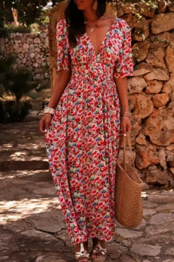 Sale Dear-Lover Floral Half Sleeve Deep V Neck Cutout Back Split Maxi Dress Red