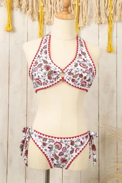 Sale Dear-Lover Floral Halter O-Ring Backless Knot Bikini Set Red