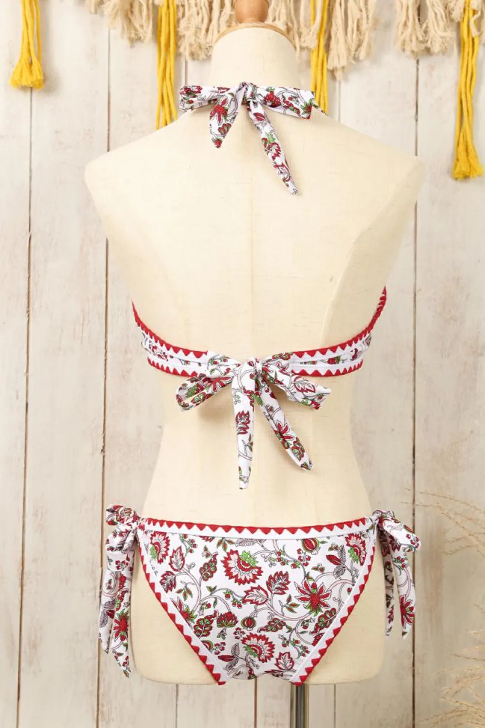 Sale Dear-Lover Floral Halter O-Ring Backless Knot Bikini Set Red