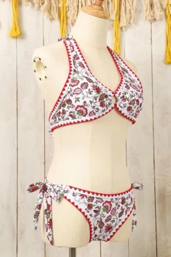 Sale Dear-Lover Floral Halter O-Ring Backless Knot Bikini Set Red