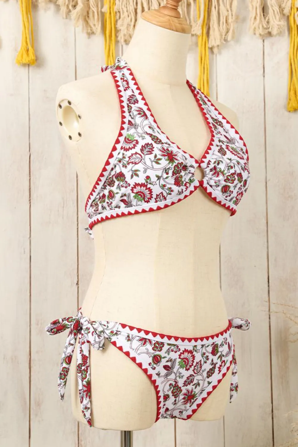 Sale Dear-Lover Floral Halter O-Ring Backless Knot Bikini Set Red