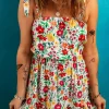 Online Dear-Lover Floral Knotted Straps Cinched Waist Ruffle Hem Mini Dress Red