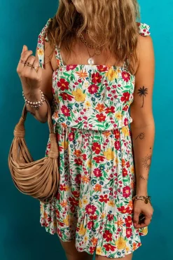 Online Dear-Lover Floral Knotted Straps Cinched Waist Ruffle Hem Mini Dress Red