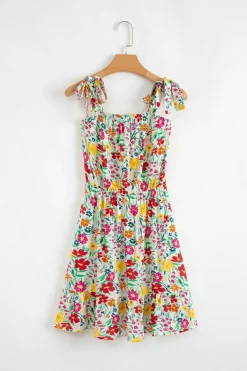 Online Dear-Lover Floral Knotted Straps Cinched Waist Ruffle Hem Mini Dress Red