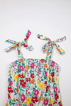 Online Dear-Lover Floral Knotted Straps Cinched Waist Ruffle Hem Mini Dress Red