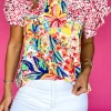 Outlet Dear-Lover Floral Mixed Print Ruffle Cap Sleeve Blouse Red