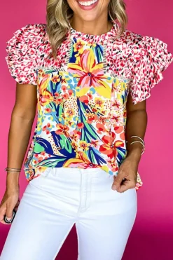 Outlet Dear-Lover Floral Mixed Print Ruffle Cap Sleeve Blouse Red