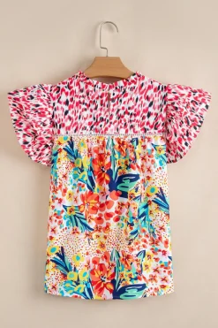 Outlet Dear-Lover Floral Mixed Print Ruffle Cap Sleeve Blouse Red