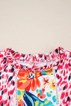 Outlet Dear-Lover Floral Mixed Print Ruffle Cap Sleeve Blouse Red