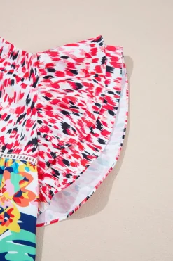 Outlet Dear-Lover Floral Mixed Print Ruffle Cap Sleeve Blouse Red