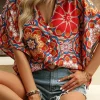 Clearance Dear-Lover Floral Print Batwing Sleeve V Neck Blouse Red
