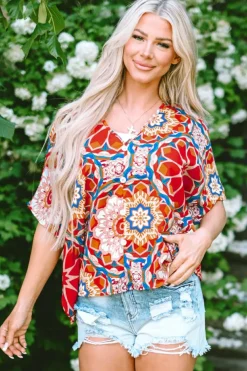 Clearance Dear-Lover Floral Print Batwing Sleeve V Neck Blouse Red
