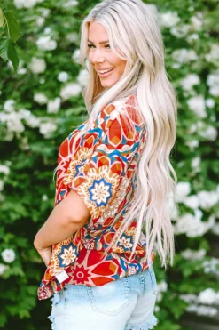 Clearance Dear-Lover Floral Print Batwing Sleeve V Neck Blouse Red