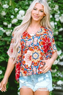 Clearance Dear-Lover Floral Print Batwing Sleeve V Neck Blouse Red