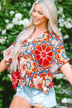 Clearance Dear-Lover Floral Print Batwing Sleeve V Neck Blouse Red
