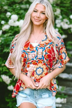 Clearance Dear-Lover Floral Print Batwing Sleeve V Neck Blouse Red