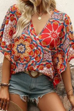 Clearance Dear-Lover Floral Print Batwing Sleeve V Neck Blouse Red