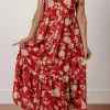 Online Dear-Lover Floral Print Buttoned Front V Neck Tie Short Sleeve Midi Dress Red