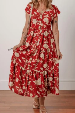 Online Dear-Lover Floral Print Buttoned Front V Neck Tie Short Sleeve Midi Dress Red