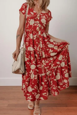 Online Dear-Lover Floral Print Buttoned Front V Neck Tie Short Sleeve Midi Dress Red