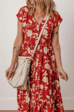 Online Dear-Lover Floral Print Buttoned Front V Neck Tie Short Sleeve Midi Dress Red
