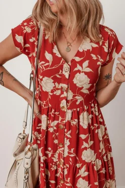 Online Dear-Lover Floral Print Buttoned Front V Neck Tie Short Sleeve Midi Dress Red