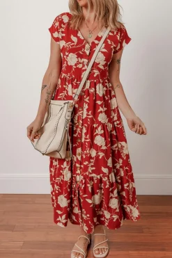 Online Dear-Lover Floral Print Buttoned Front V Neck Tie Short Sleeve Midi Dress Red