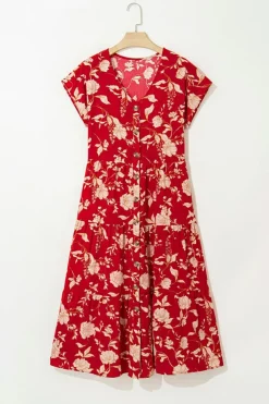 Online Dear-Lover Floral Print Buttoned Front V Neck Tie Short Sleeve Midi Dress Red
