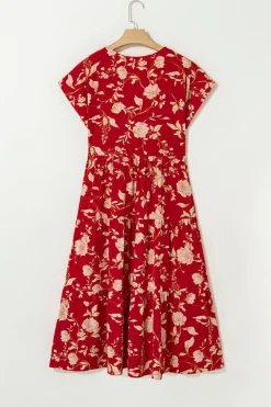 Online Dear-Lover Floral Print Buttoned Front V Neck Tie Short Sleeve Midi Dress Red