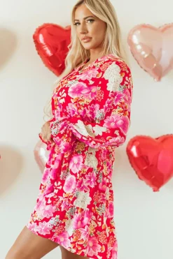 Clearance Dear-Lover Floral Print High Waist V Neck Babydoll Mini Dress Red