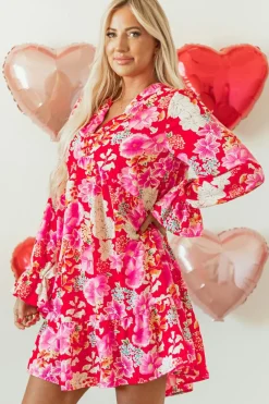 Clearance Dear-Lover Floral Print High Waist V Neck Babydoll Mini Dress Red
