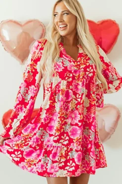 Clearance Dear-Lover Floral Print High Waist V Neck Babydoll Mini Dress Red