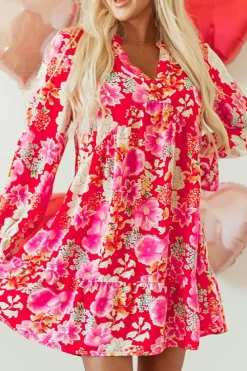 Clearance Dear-Lover Floral Print High Waist V Neck Babydoll Mini Dress Red