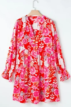 Clearance Dear-Lover Floral Print High Waist V Neck Babydoll Mini Dress Red
