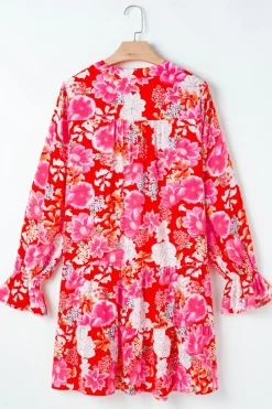 Clearance Dear-Lover Floral Print High Waist V Neck Babydoll Mini Dress Red