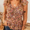 Clearance Dear-Lover Floral Print Knot V Neck Ruffled Sleeve Blouse Red