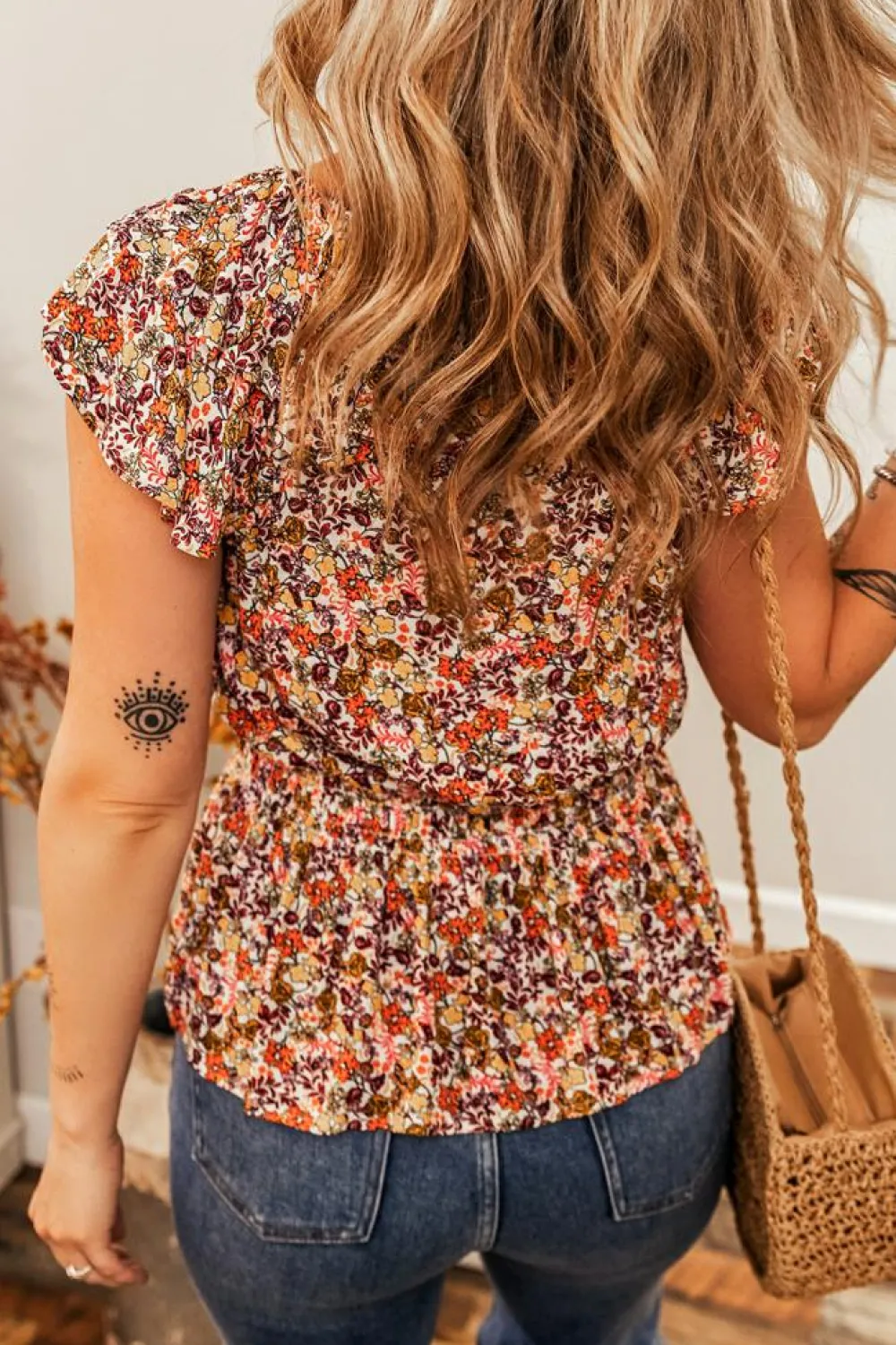 Clearance Dear-Lover Floral Print Knot V Neck Ruffled Sleeve Blouse Red