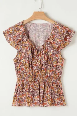 Clearance Dear-Lover Floral Print Knot V Neck Ruffled Sleeve Blouse Red