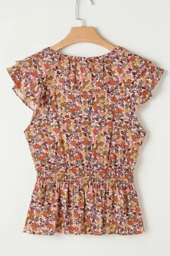 Clearance Dear-Lover Floral Print Knot V Neck Ruffled Sleeve Blouse Red
